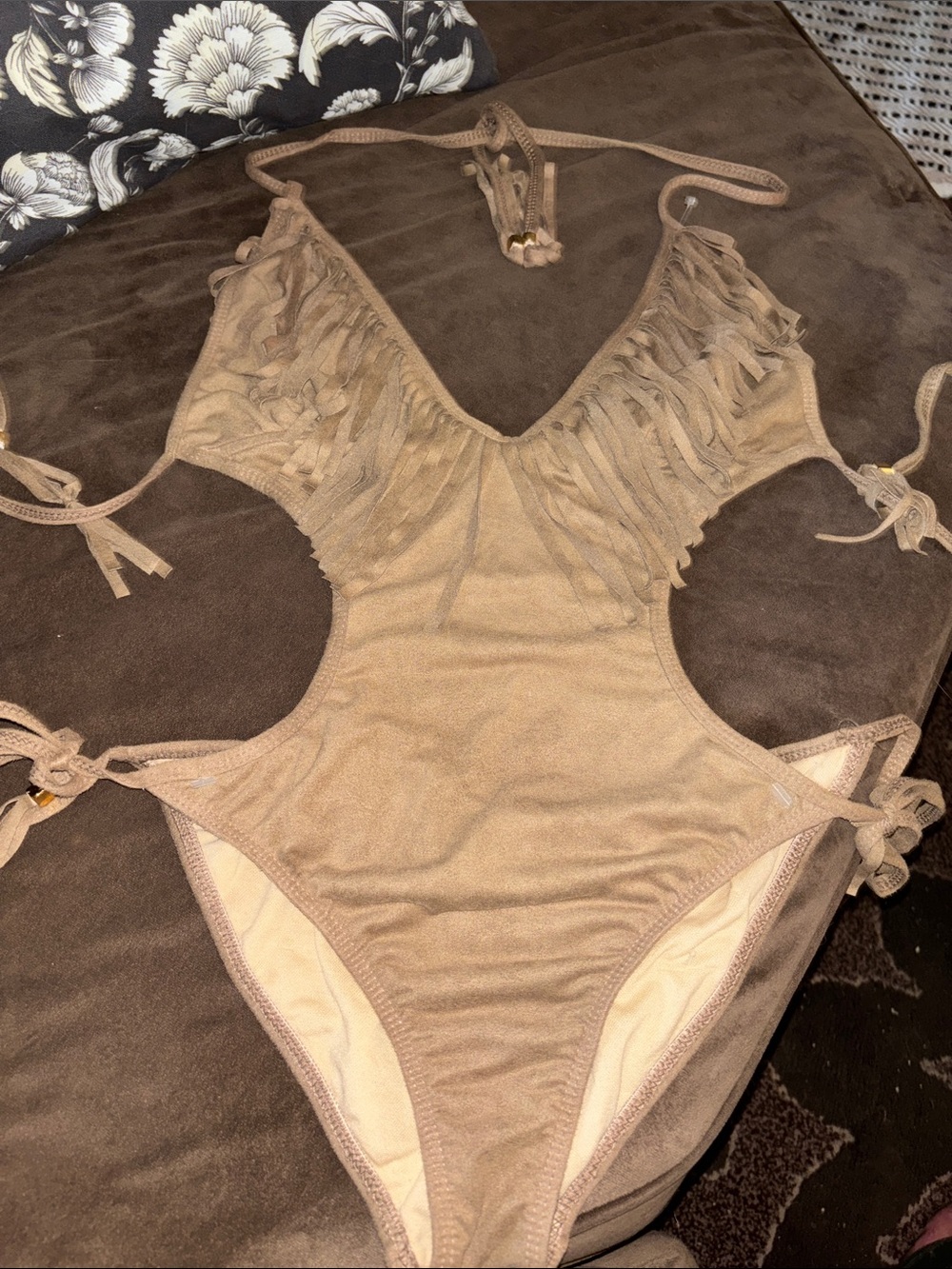 Fringe Detail One-Piece Swimsuit in Faux Suede